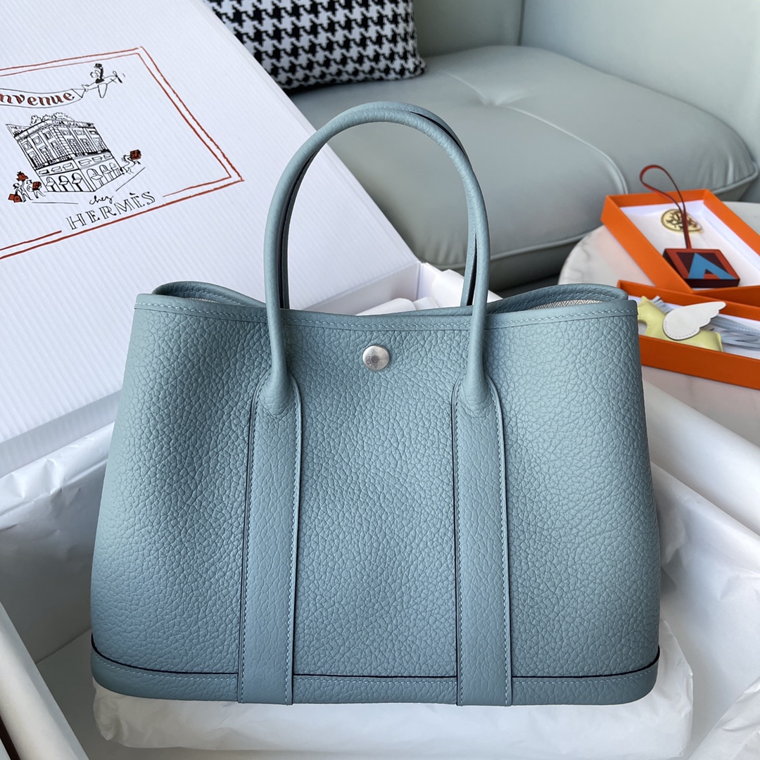 Hermes Garden Party 36cm Tote Handbag In Sky Blue Clemence Leather